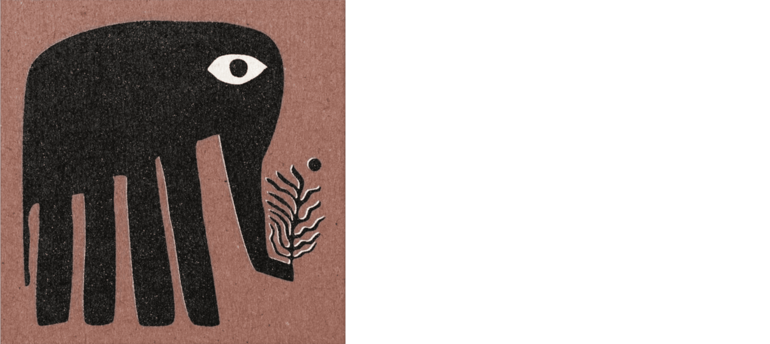 Stylized black elephant illustration with "Elephant Painting Co." text. Elephant holds a branch with its trunk on a brown background.